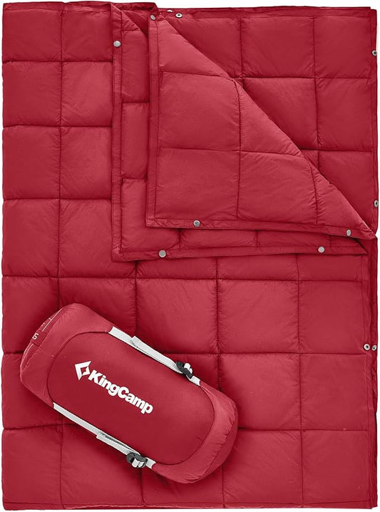 KingCamp Ultralight Camping Blanket, Packable Down Alternative Puffy Wearable Blankets Weatherproof Warm Package Quilt with Snap Buttons for Outdoor Hiking Travel Picnic Stadium (80"L x 60"W, CRIMSON)