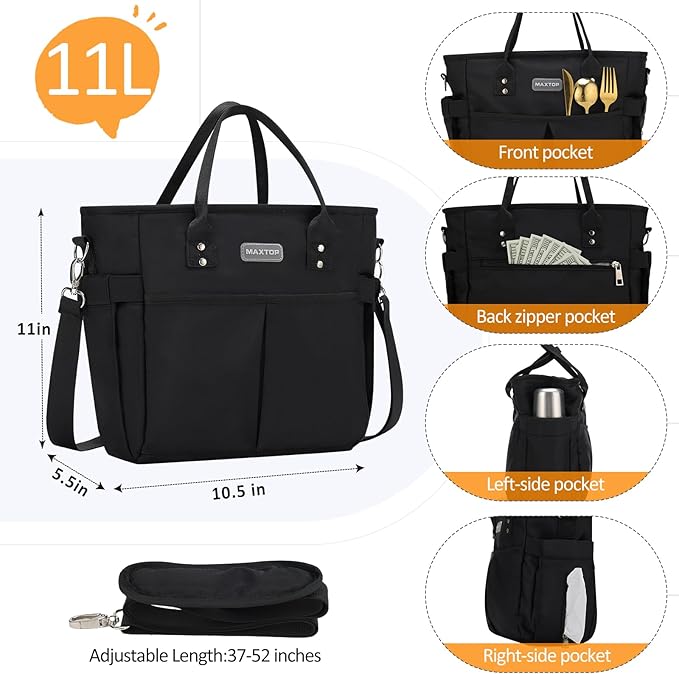 MAXTOP Lunch Bag Women for Work Insulated Thermal Lunch Box for Men with Wide-Open Pocket Reusable Leakproof Cooler Bags with Removable Shoulder Strap for Teacher Nurse Office Picnic Travel Black