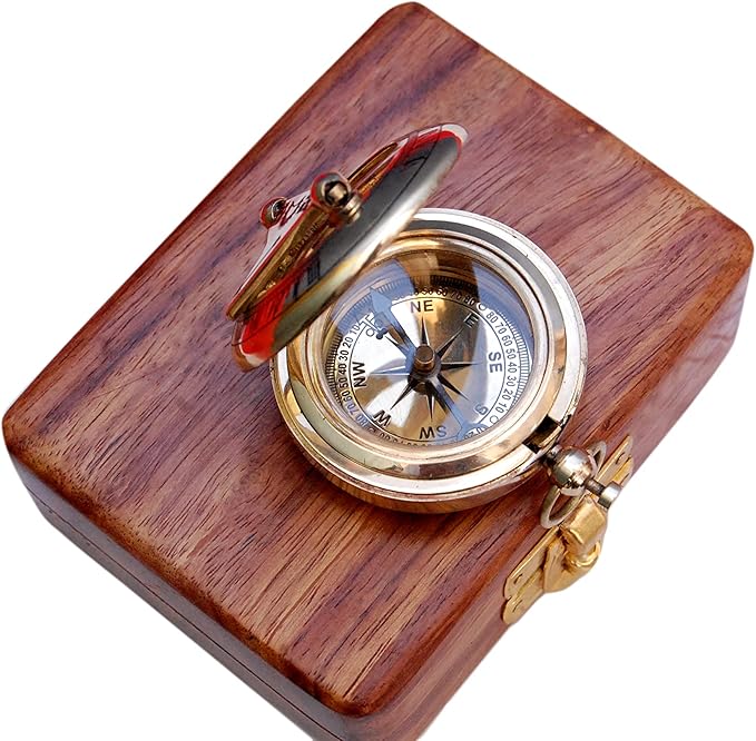 Brass Nautical Compass with Wooden Case - Antique Brass & Copper Sun Clock for Camping, Hiking, Touring - Engraved Gift for Him - Nautical Clock - Compass Gift