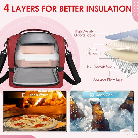 Lunch Box Lunch Bag for Women Men Reusable Insulated Lunch Bag Women Lunch Cooler Tote Bags with Adjustable Shoulder Strap for Office Work Picnic Travel, Wine Red