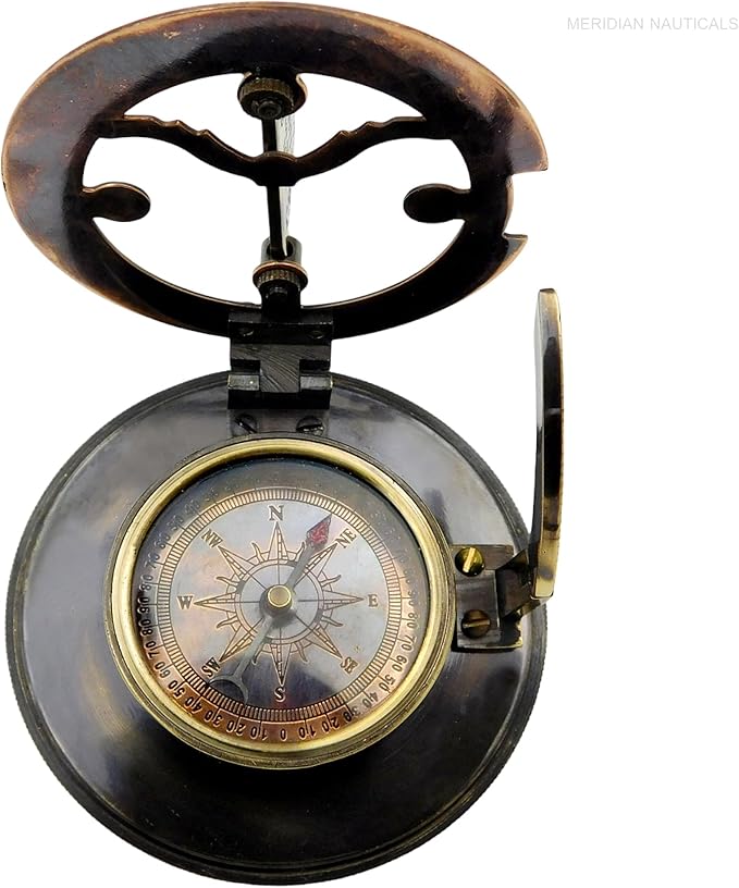 Brass Sundial Compass -Drum Sundial with Stamp Leather Box.Maritime Nautical Antiques Nautical Reproduction