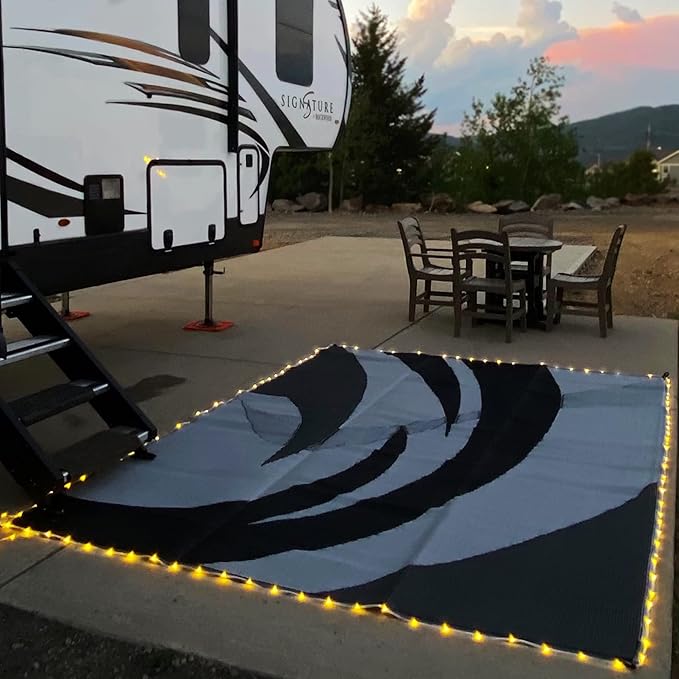 Stylish Camping L158111WL 8-feet by 11-feet LED Illuminated Patio Mat - Outdoor Patio Black/White RV Camping Mat