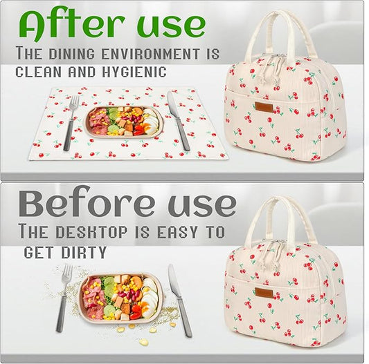 Lunch Bag Women Insulated, Cute Corduroy Tote Bag for Women with Placemat, Large Capacity Reusable Insulated Cooler Lunch Box for Travel Picnic office