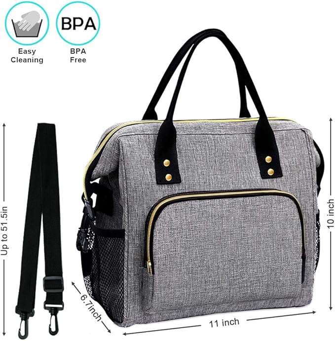 IDEATECH Lunch Bags for Women Insulated, Lunch Cooler Bag for Work, Leak Proof Large Lunch Tote Bag, Lunch Bag with Adjustable Shoulder Strap for Office/Picnic/Fishing/Beach(Grey)