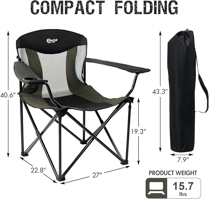 PORTAL Oversized Camping Chair Big and Tall Folding Camp Chair Portable Lawn Chairs Heavy Duty Foldable XXL Outdoor Camping Chair for Adults, Support Up to 600 lbs, Black/Grey
