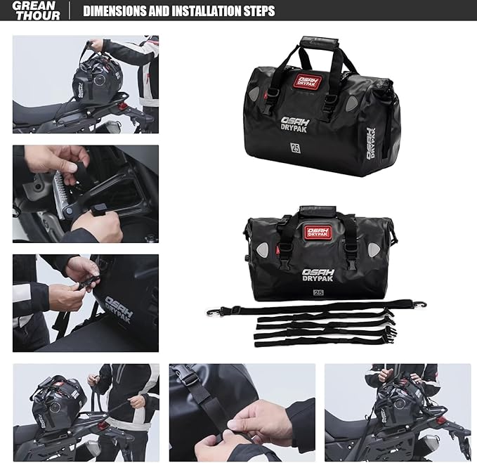 Motorcycle Dry Bag - Waterproof Motorcycle Duffle & Luggage Tail Bag Saddle Bags with Roll Top Closure, Large Storage Space，for Motorcycle Back Seat(SkyBlack, 25L)