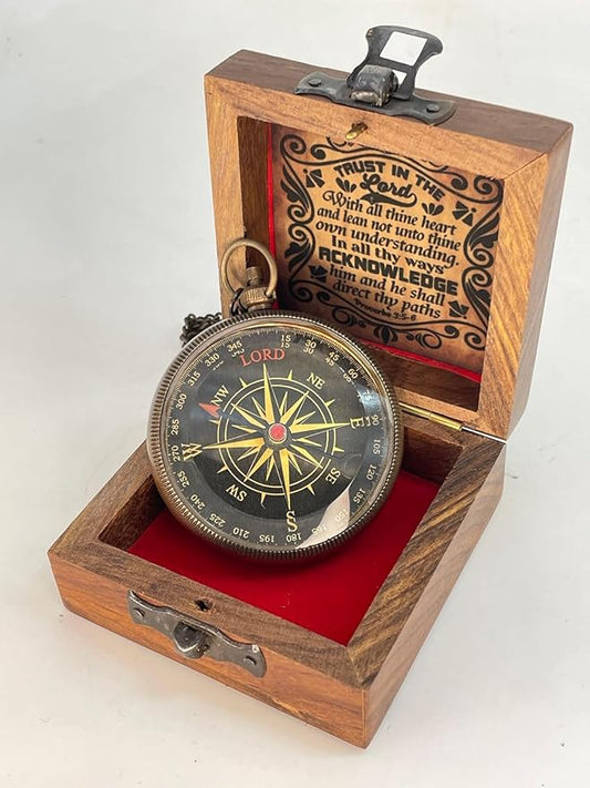 Brass Compass Engraved “Trust in The Loard” Compass is Unique Birthday Gifts for Men, Husband or Wife Customize Antique Compass is a Classy Gifts, with a Wooden Box.