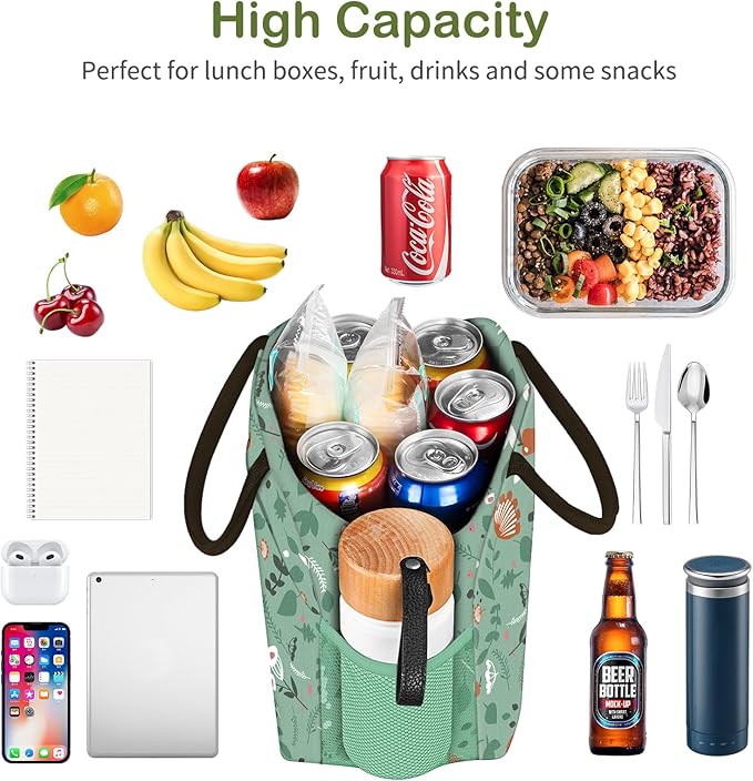 Lunch Bag Lunch Box for Women Men Reusable Insulated Lunch Tote Bag, Handbags Case High Capacity for Travel Work Picnic, Green Leaves