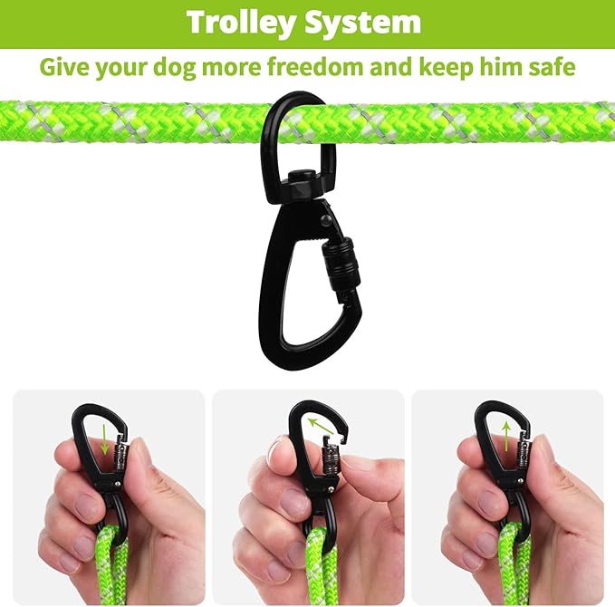 Dog Tie Out Cable for Camping - 50ft/70ft/100ft Portable Reflective Overhead Trolley System for Dogs up to 300lbs - Dog Lead for Yard Camping | Parks | Outdoor Events Green