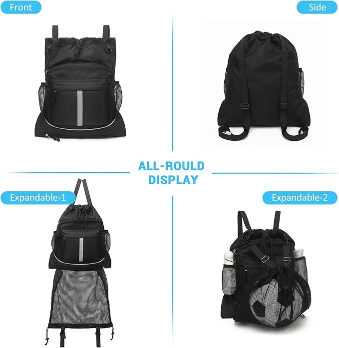 Drawstring Backpack, Waterproof Sandproof Beach Backpack for Sport Gear Small Gym Bag with Hidden Ball Net Pocket and Seperated Wet Pocket Draw String Back Bag for Women Men, Black