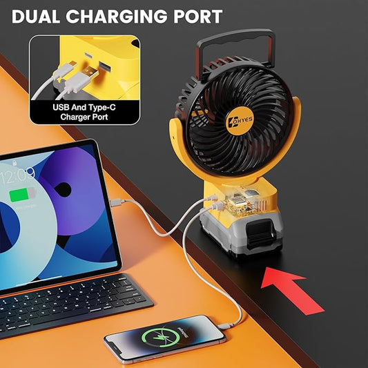 ohyes Cordless Jobsite Fan Fit For DeWALT 20V Max Battery Brushless Motor With USB A+C Fast Charging For Camping Workshop and Construction Site(Battery not included)