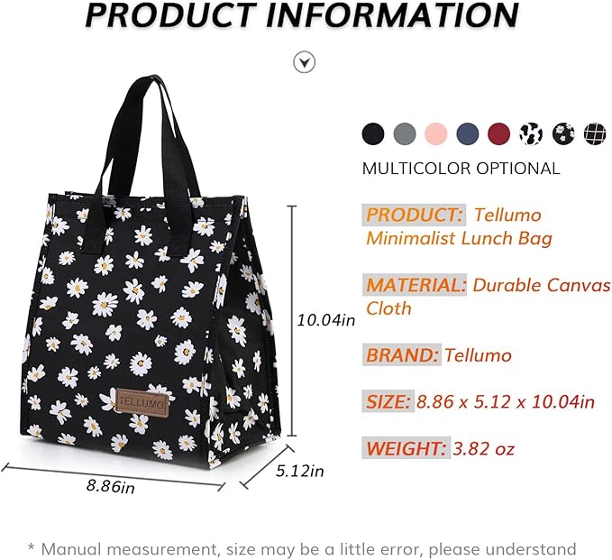 TELLUMO Lunch bag, Insulated Lunch Bag for Women Men Large Lunch Box Container Reusable Leakproof Tote for Office, Work, School, Beach or Travel (Black Daisy)