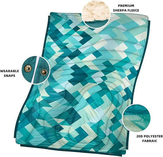 Outdoor Camping Blanket with Sherpa Lining, Extra Warm Thick Camp Blankets & Puffy Ultralight Soft Poncho DWR Camping Quilt for Cold Weather, Adventure,Sleeping,Backpacking 78"x 56"