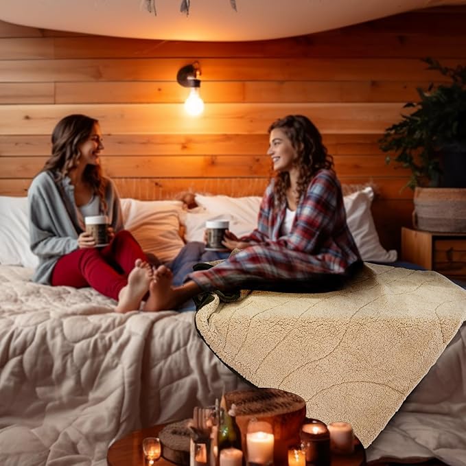 Outdoor Camping Blanket with Sherpa Lining, Extra Warm Thick Camp Blankets & Puffy Ultralight Soft Poncho DWR Camping Quilt for Cold Weather, Adventure,Sleeping,Backpacking 78"x 56"
