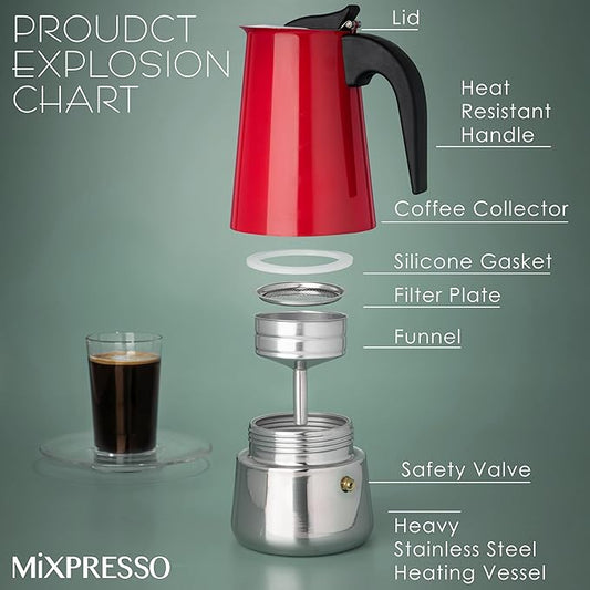 Mixpresso 6 Cup Greca Stovetop Espresso Maker 10oz, Moka Pot with Coffee Percolator Design, Stainless Steel Stove Top Coffee Maker for Camping or Home, Italian Coffee Maker Stovetop Red Coffee Pot