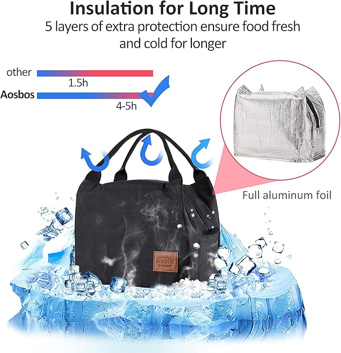 Aosbos Black Lunch Bag Women Insulated Lunch Bags for Adult Lunch Box for Women Lunchbox Lunch Tote Bento Box Cooler Bag for Work Office Picnic