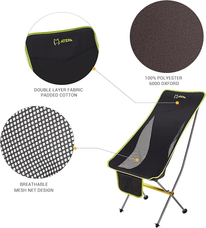 ATEPA Backpacking Chair, Ultralight Folding Portable Small Camping Chairs for Adults Compact Foldable Beach Seat with Anti-Sinking Feet & Aluminum Frame for Outdoor Hiking Travel Fishing