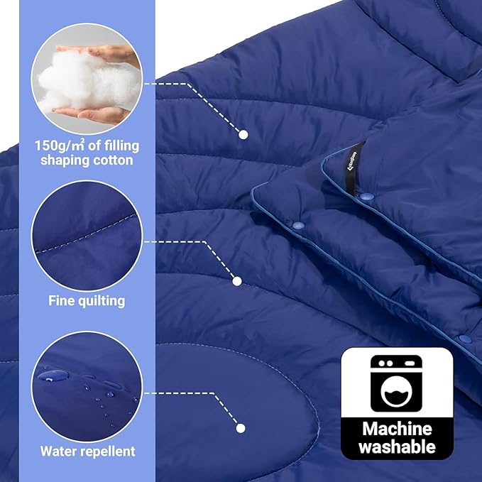 KingCamp Lightweight Camping Blanket - Stylish & Multifunctional Quilt with Snap Button, Portable for Travel, Airplane, Indoor & Outdoor - Provides Warmth - Navy