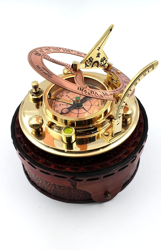 Brass Sundial Compass in Leather Case – Unique Nautical Gifts for Men, Antique Sailing Anniversary Gadget, Maritime Pocket Watch Clock, Nautical Decor for Him