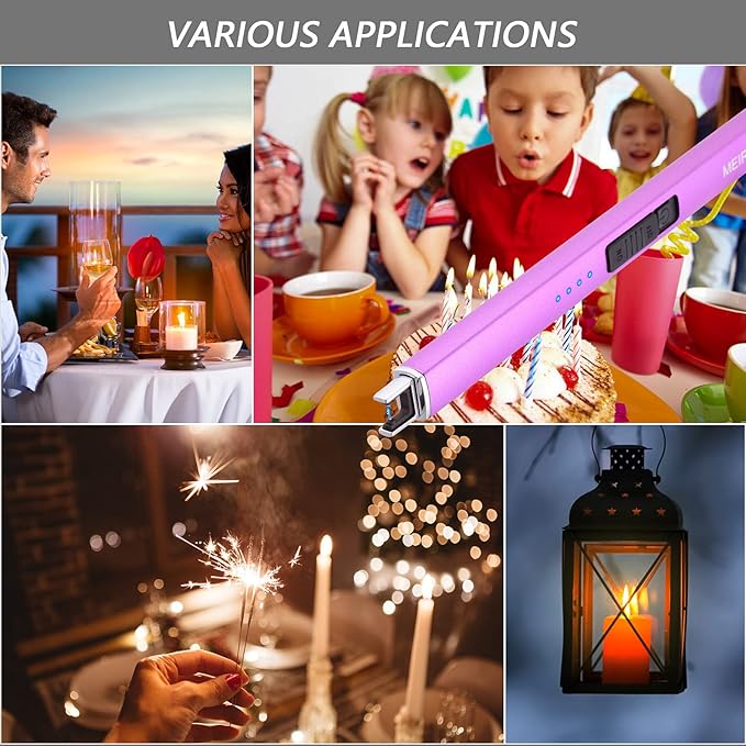MEIRUBY Lighter Electric Candle Lighter Long Electronic Rechargeable USB Lighter Arc Windproof Flameless Lighters for Candle Camping BBQ Birthday Women's Day Gifts for Women Mom Wife Men, Purple