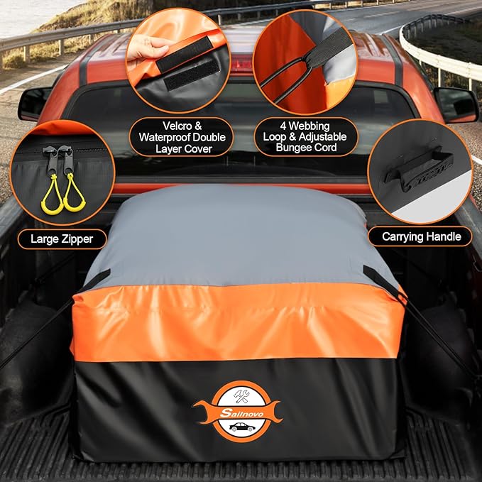Sailnovo Truck Bed Cargo Bag, 36 Cubic ft 100% Waterproof Cargo Bag for Truck Bed, Heavy Duty PVC Truck Cargo Bag Fits Any Truck Size with 4 Stretch Cord, Packing Bag (59''x48''x22'')