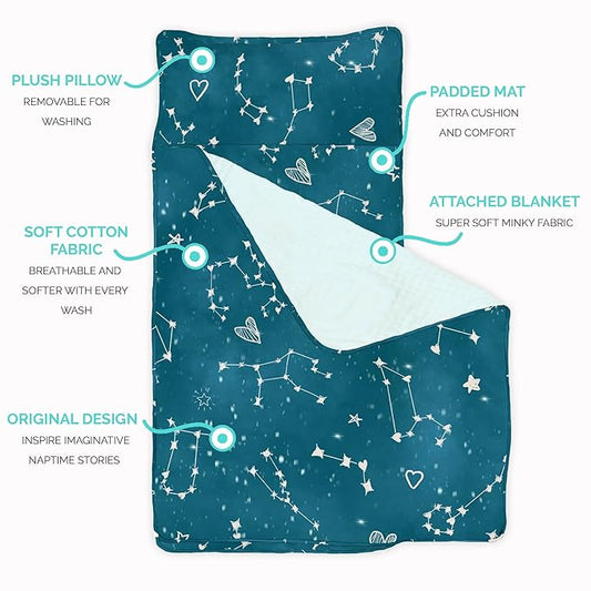 JumpOff Jo - Toddler Nap Mat - Sleeping Bag for Kids with Removable Pillow and Ultra Soft Blanket for Preschool, Daycare, and Sleepovers - Night Sky