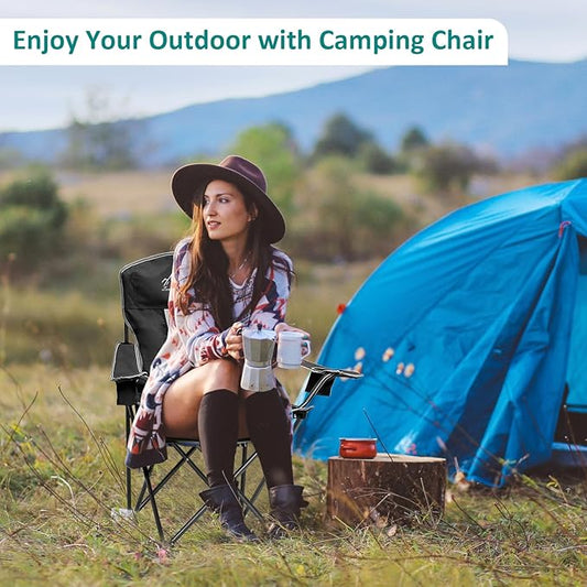 Outdoor Folding Camping Chair with Cup Holder, Storage Bag, Large Anti-Sink Feet, 325lbs Capacity, Breathable Mesh Portable Chair for Camping, Beach, Fishing, Sports, Black