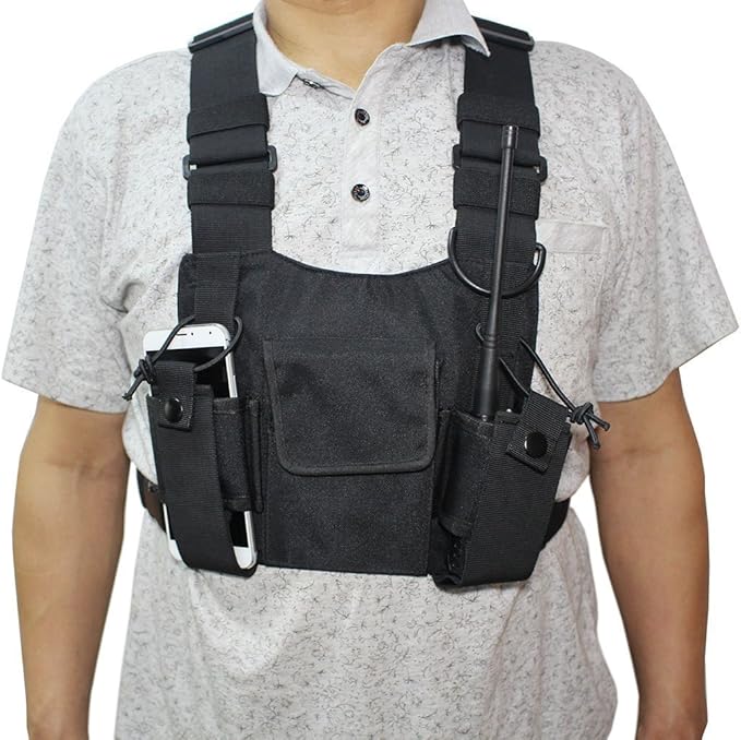 Radio chest harness Rig Bag Pocket Pack Holster Vest for Two Way Radio (Rescue Essentials) (Black)