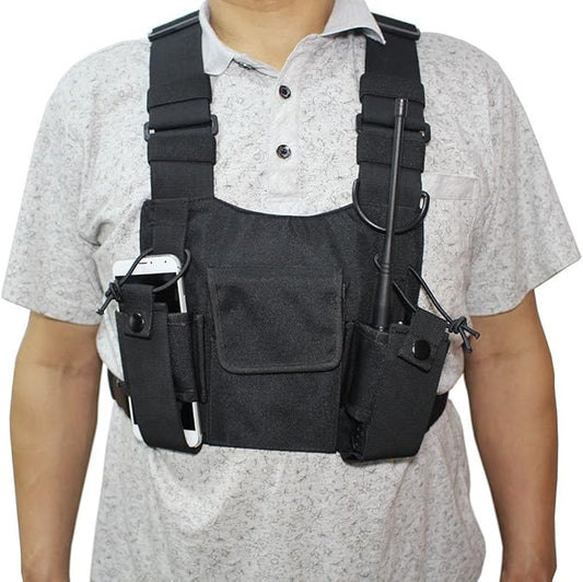 Radio chest harness Rig Bag Pocket Pack Holster Vest for Two Way Radio (Rescue Essentials) (Black)