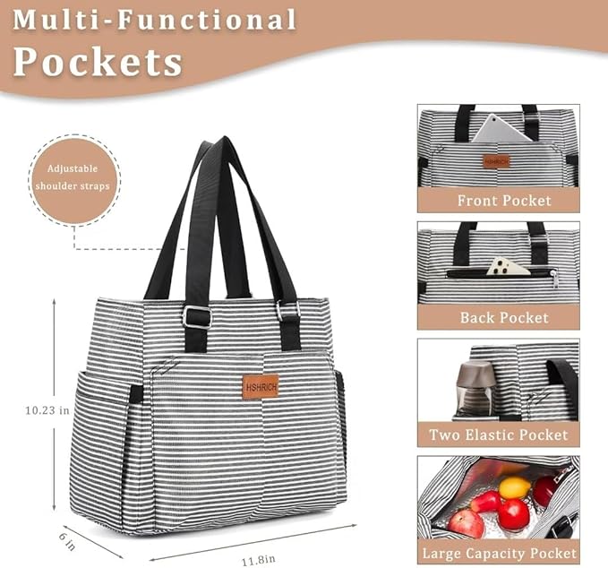 Large Women Lunch Bags/Insulated Adult Lunch Box/Leakproof Cooler Lunch Tote Bag with Storage Pocket. Reusable Lunch Purse for Work Picnic Hiking 12L, Stripe
