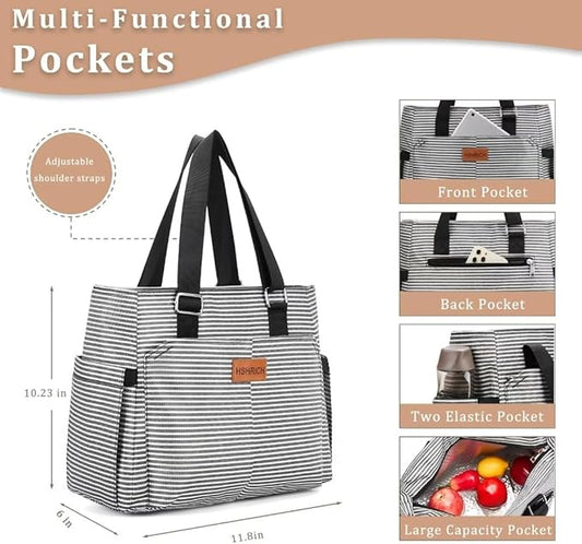 Large Women Lunch Bags/Insulated Adult Lunch Box/Leakproof Cooler Lunch Tote Bag with Storage Pocket. Reusable Lunch Purse for Work Picnic Hiking 12L, Stripe