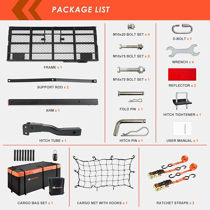 MeeFar High Rail Trailer Folding Hitch Mount Cargo Carrier Basket 60" X 24" X 14"+Waterproof Cargo Bag 20 cu ft(59" 24" 24"), Capacity of 500 Lbs with Hitch Stabilizer, Net, Lock and Straps