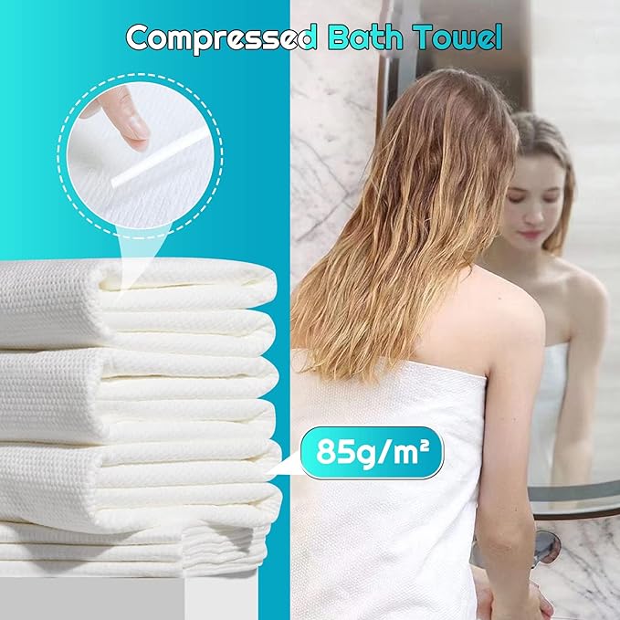 GXF 2 Packs Compressed Bath Towel Tablets, 56'' x 28'' Pure Cotton Portable Disposable Hypoallergenic Dehydrated Expandable Compact Compressed Towels Washcloths for Camping Swimming Traveling Hiking