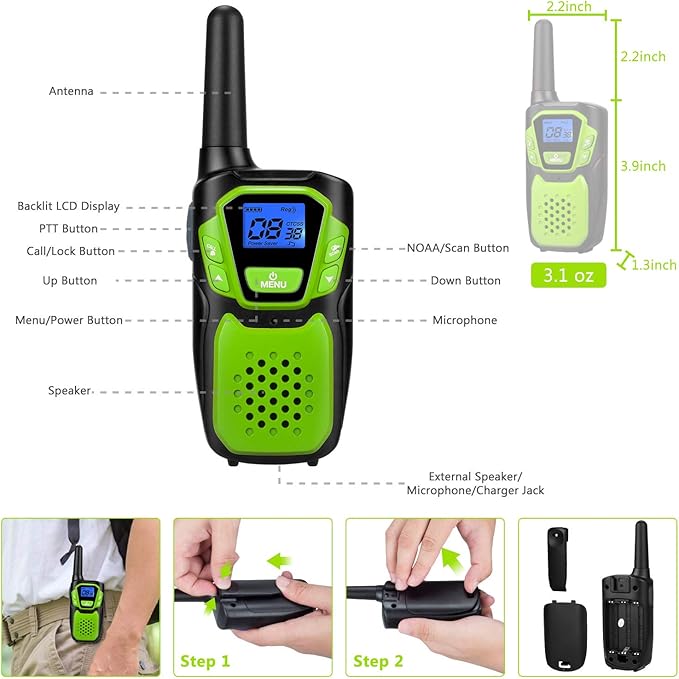 Walkie Talkies for Adult, Rechargeable Long Range Walky Talky Handheld Two Way Radio with NOAA Weather Channel, 6x1000MAH AA Batteries and USB Charger Included (Blue and Green 2 Pack)