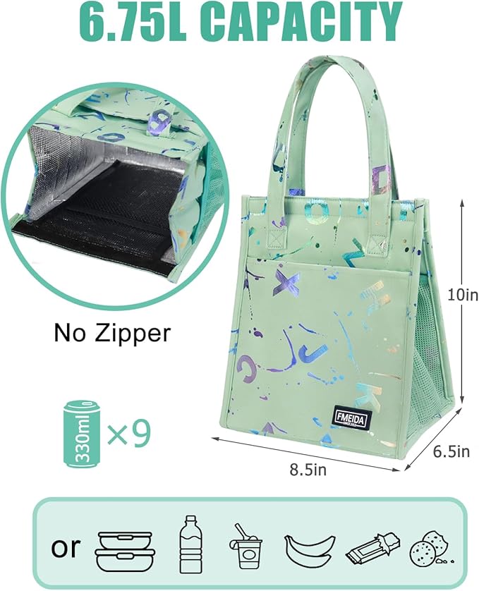 Fmeida Insulated Lunch Bag Women, 6.75L Small Lunch Tote Bags, Waterproof Thermal Cooler Lunch Bag, Reusable Lunch Box with Front Side Interior Pockets, Colorful Letters