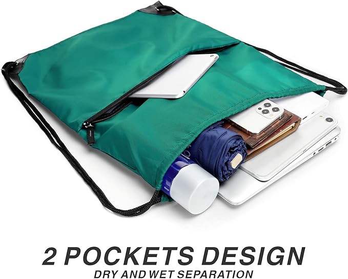 BuyAgain Drawstring Backpack Sports Water Resistant String Bag Sport Gym Sackpack for Women Men Students Large Size with Zipper, Teal