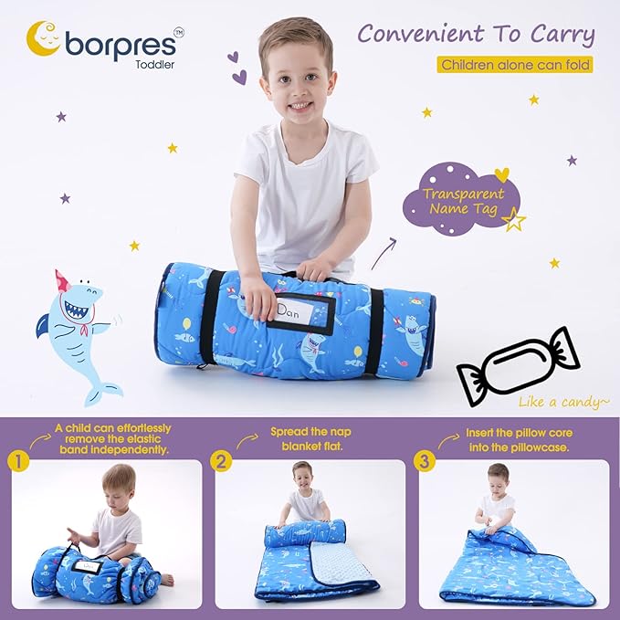 Nap Mat with Pillow Blanket Set: Sleeping Mats for Toddler Kids - Thick Large Roll up Slumber Bag for Daycare Preschool Kindergarten Boys Girls