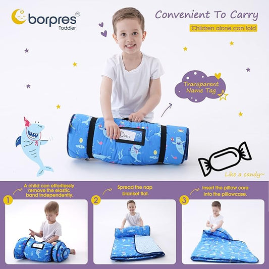 Nap Mat with Pillow Blanket Set: Sleeping Mats for Toddler Kids - Thick Large Roll up Slumber Bag for Daycare Preschool Kindergarten Boys Girls