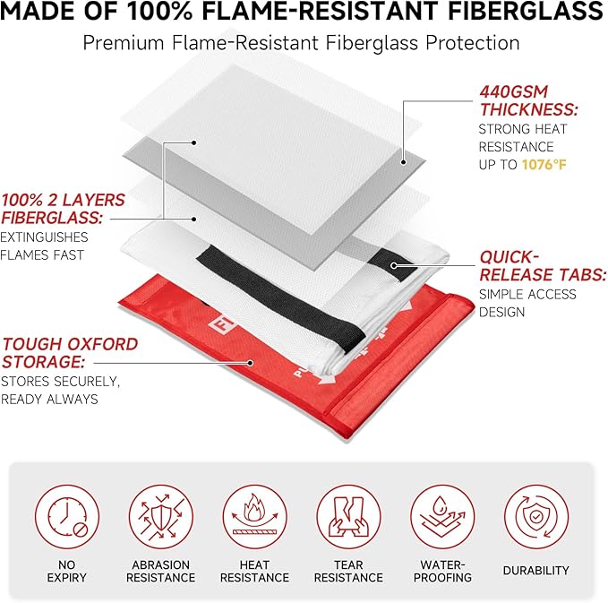 Fire Blanket Emergency for Home Kitchen - 40"x40" Fireproof Safety Protection Fiberglass Flame Retardant Blankets Survival Essential Kit for House Car Camping Outdoor Fireplace Grill BBQ - 6 Pack
