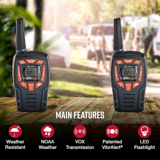 Cobra ACXT545 Weather Resistant Walkie Talkies for Adults with Compatible Cobra Surveillance Headset Microphone: Rechargeable, 22 Channels, Long Range, 2 Two-Way Radio’s, 2 Headsets, Black/Orange