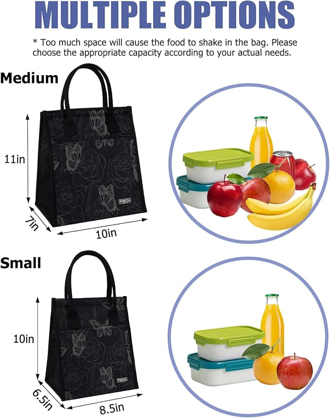 Fmeida Insulated Lunch Bag Women, Simple Lunch Tote Bags, Waterproof Thermal Cooler Lunch Bag, Reusable Adult Lunch Box Bag for Women | Medium Butterfly, Front&Side&Interior Pockets