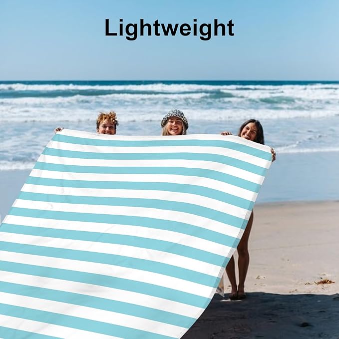 Beach Blanket Waterproof Sandproof, Large 78''×86'' Beach Picnic Blanket for 4 Adults with Stakes and Pocket, Sand Free Compact Pocket Beach Mat Essentials Accessories Must Haves-Blue Stripe