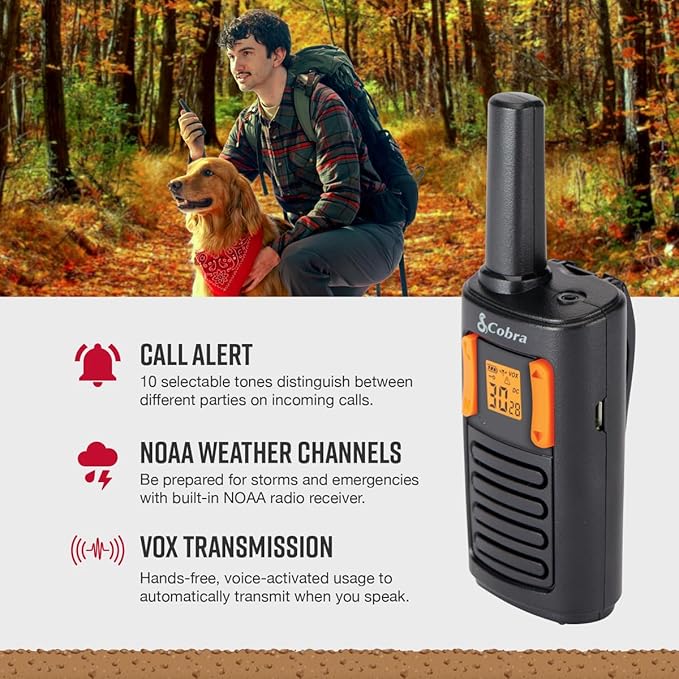 Cobra RX180 Walkie Talkies – 18-Mile Long Range Signal, 22 Preset Channels, NOAA Weather Alerts, 10 Call Tones, Voice-Activated, Compact and Reliable, 2-Pack, Orange/Black