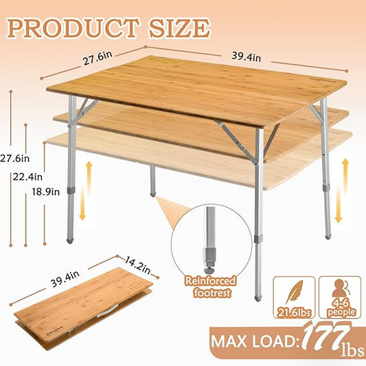 KingCamp Bamboo Folding Camping Table with Adjustable Height Aluminum Legs 2-Folds Portable Camp Tables for Travel, Picnic, 4-6 People
