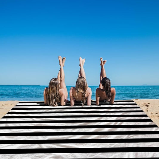 Large Beach Blanket, Black & White Stripe Beach Mat Sand Free Waterproof, Polyester Picnic Blankets Sandproof Stainproof Oversized 9 Ft X 10 Ft for 8 Adults, Beach Essentials Accessories