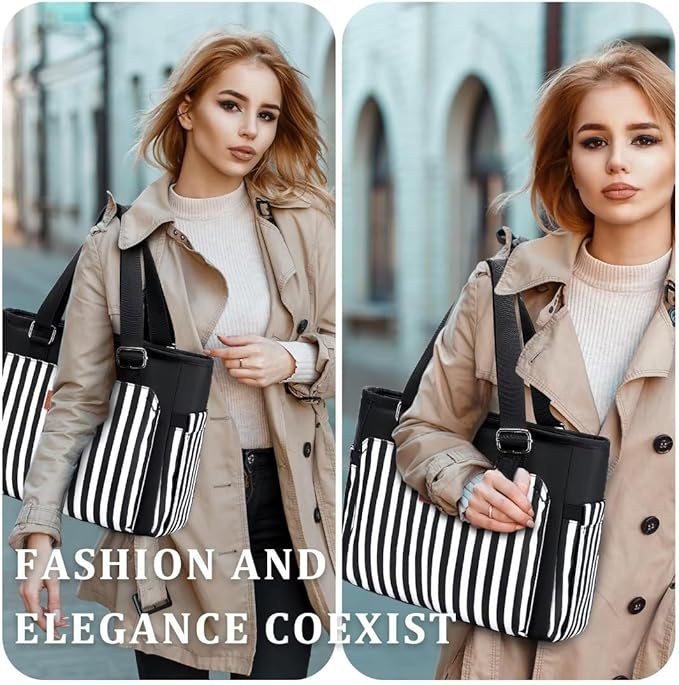 Large Women Lunch Bags for Work/Insulated Adult Lunch Box for Women/Leakproof Cooler Lunch Tote Bag with Storage Pocket. Reusable Lunch Cooler Purse for Work Picnic Hiking 14L, Black Stripes
