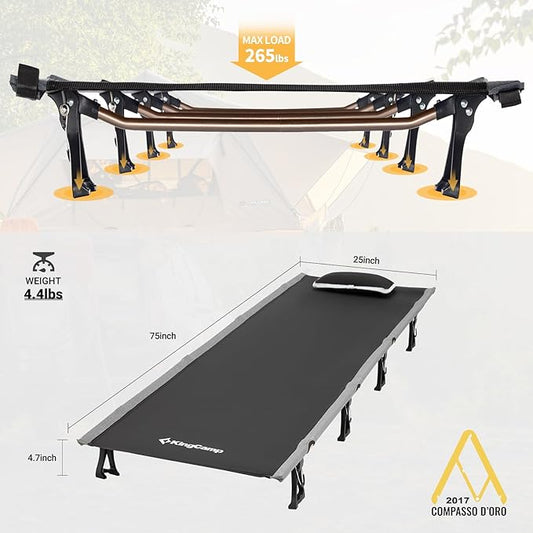 KingCamp Camping Cot, Folding Portable Heavy Duty Ultralight Cots for Adults Camping Tent Hiking Backpacking Mountaineering Travel Indoor Outdoor Indoor Base Camp with Pillow, Support 265 Lbs