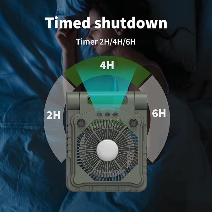 Triple-Power Solar Camping Fan 10000mAh Portable Fan/LED Lantern/Power Bank, 3-Speed Settings with Solar Charging & Timer & Bracket - Compact Cooling for Outdoor/Tent/Workspaces (Green)