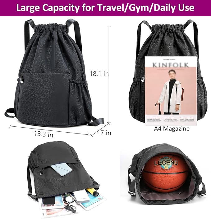 Drawstring Backpack Sports Yoga Sackpack for Women Men Waterproof Nylon Gym Sack DayPack with Multi Pockets (Black)