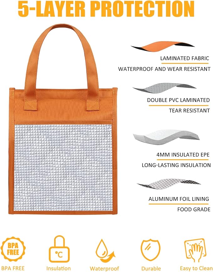 Fmeida Insulated Lunch Bag for Women Cooler Lunch Bag Thermal Adult Lunch Totes Reusable Lunch Boxes for Office College Beach Travel | Medium Orange Front&Side&Interior Pocket